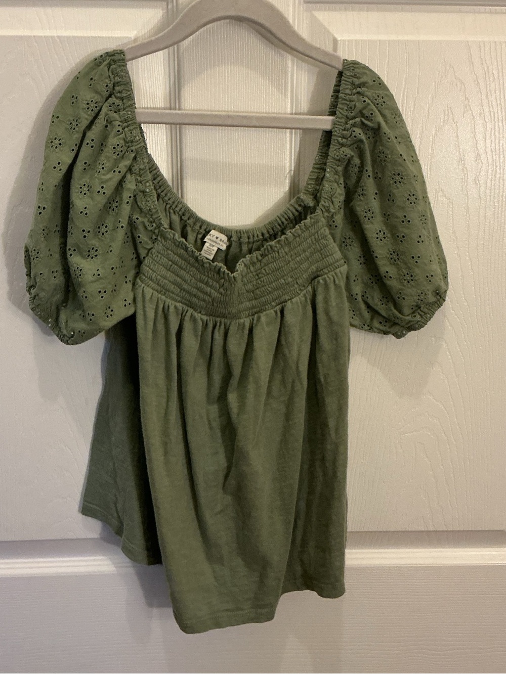 Lucky Brand Olive Puff Sleeve Eyelet Tunic
